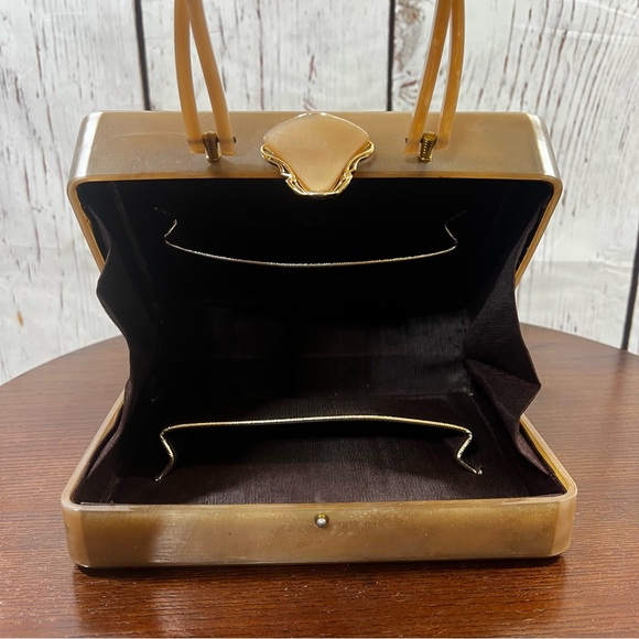 Retro Vintage Taupe Acrylic Box Bag with Gold Filigree - Picture 9 of 13